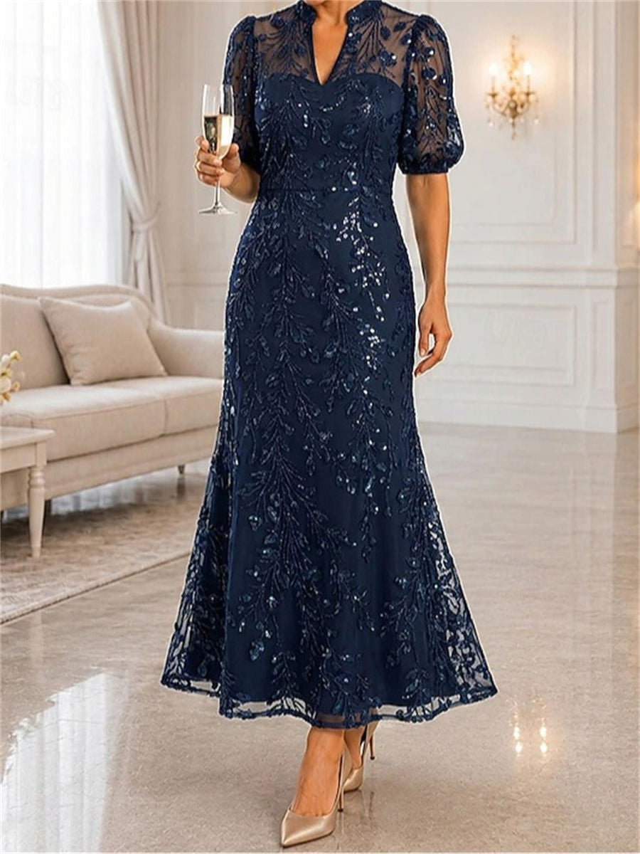 Sheath/Column V-neck 1/2 Sleeves Appliques Lace Ankle-Length Lace Corset Mother of the Bride Dress