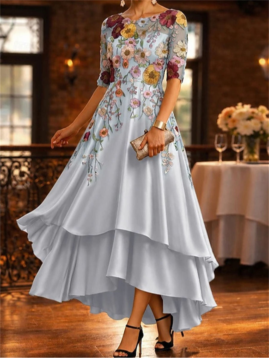A-line/Princess Scoop 1/2 Sleeves Appliques Lace Asymmetrical Satin Chiffon Corset Mother of the Bride Dress