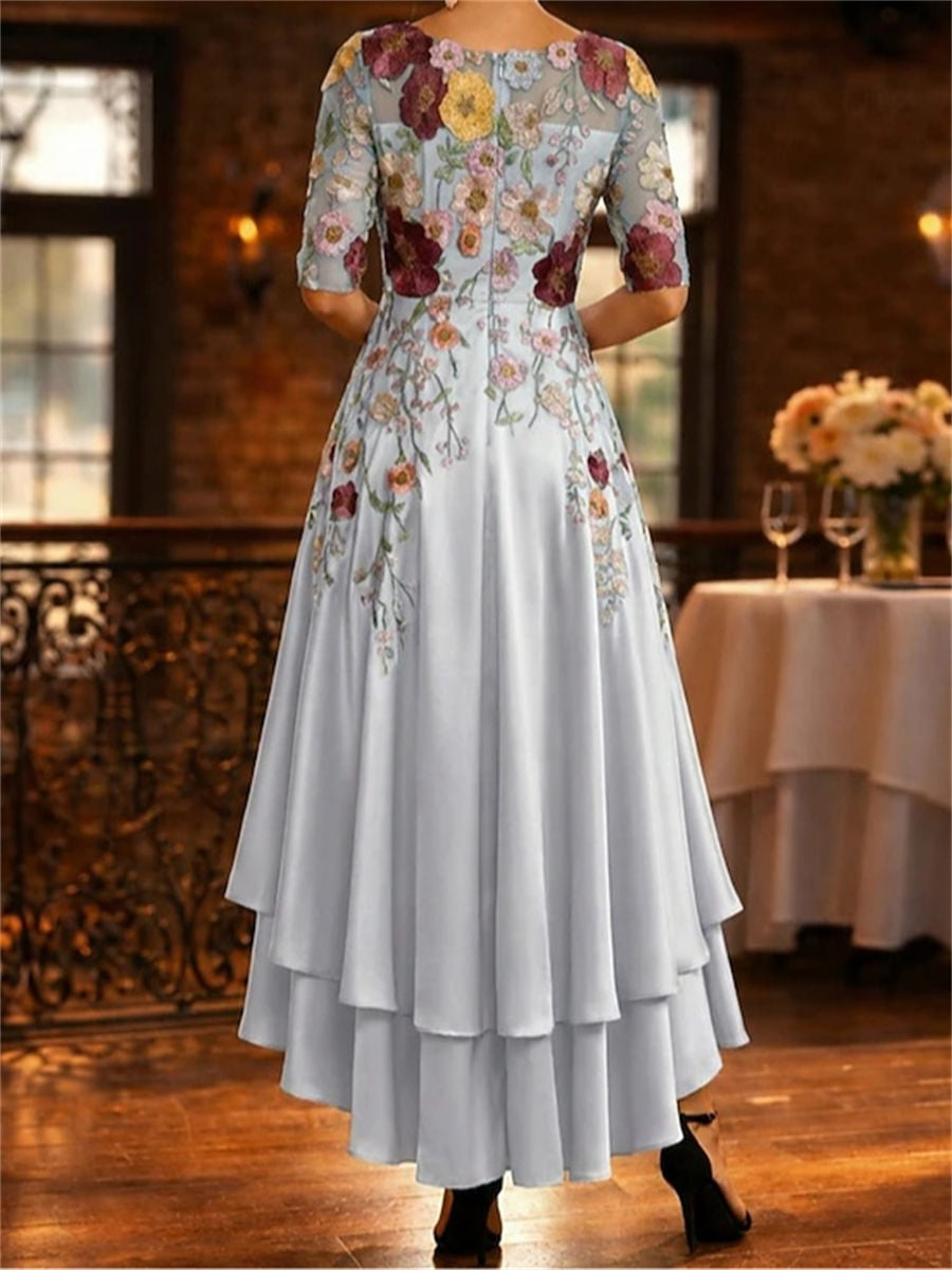A-line/Princess Scoop 1/2 Sleeves Appliques Lace Asymmetrical Satin Chiffon Corset Mother of the Bride Dress
