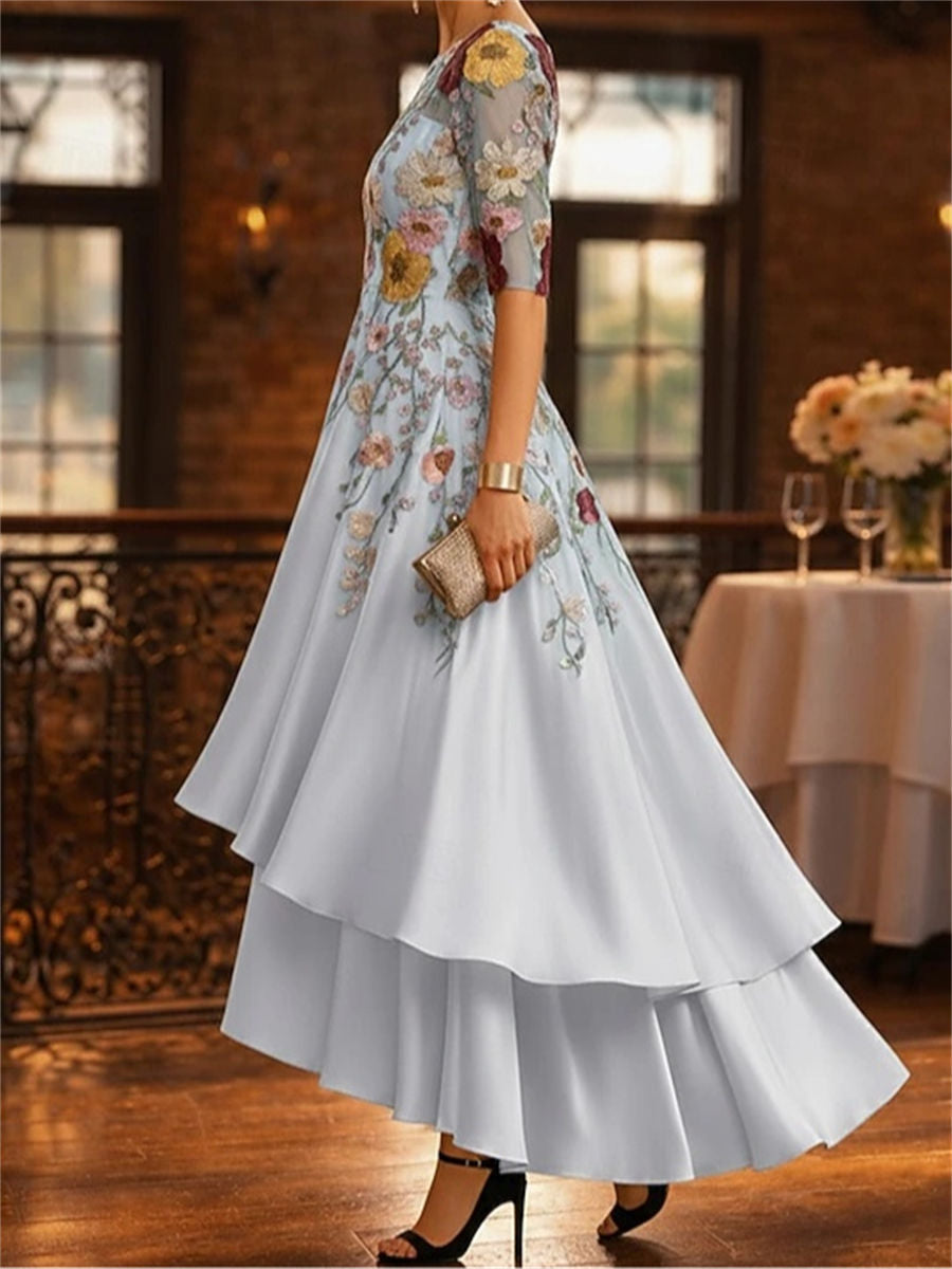 A-line/Princess Scoop 1/2 Sleeves Appliques Lace Asymmetrical Satin Chiffon Corset Mother of the Bride Dress