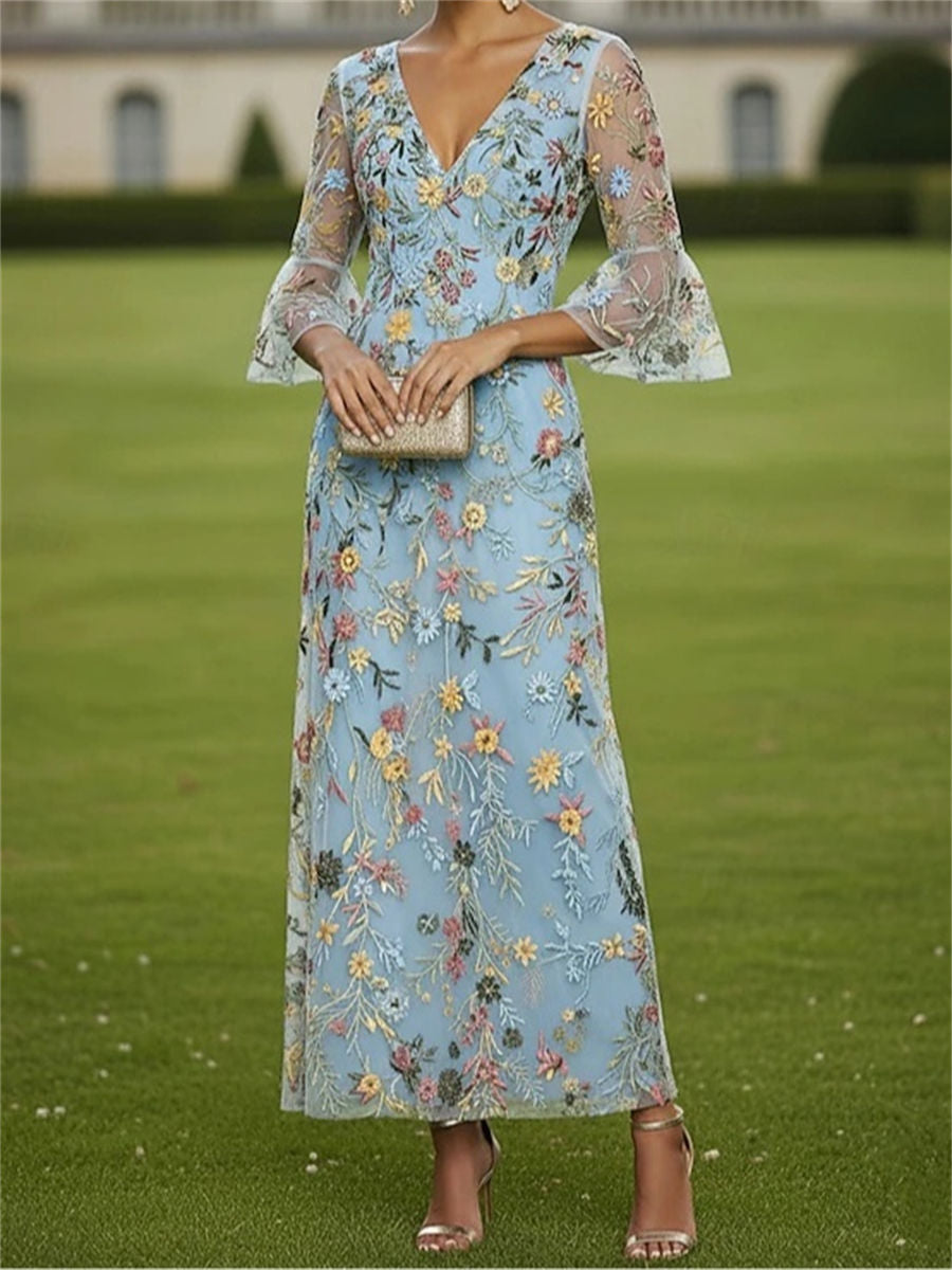 Sheath/Column V-neck 3/4 Sleeves Appliques Lace Ankle-Length Lace Corset Mother of the Bride Dress
