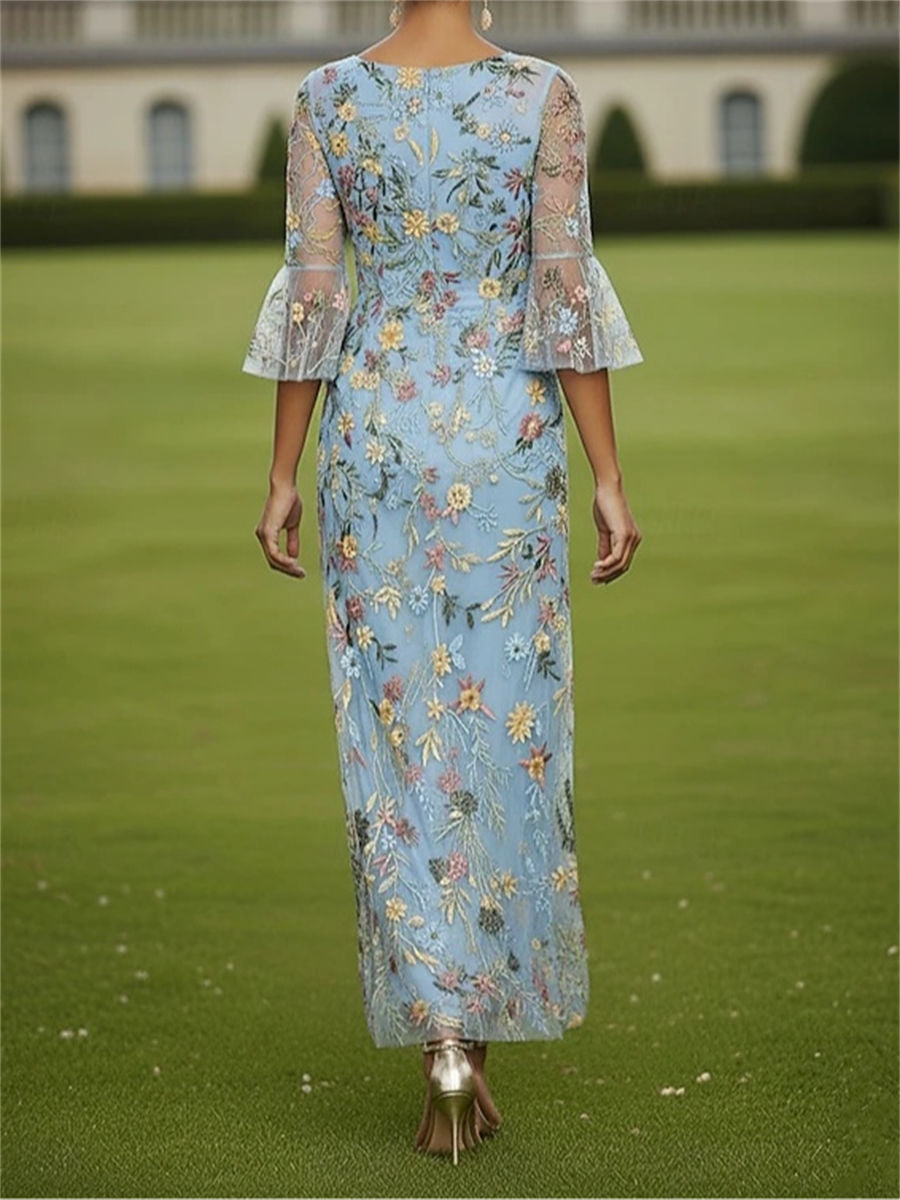 Sheath/Column V-neck 3/4 Sleeves Appliques Lace Ankle-Length Lace Corset Mother of the Bride Dress
