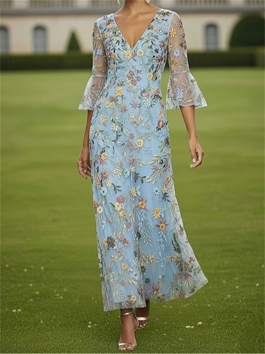 Sheath/Column V-neck 3/4 Sleeves Appliques Lace Ankle-Length Lace Corset Mother of the Bride Dress