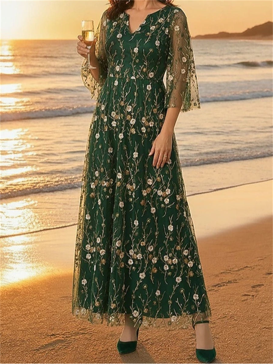 A-line/Princess V-neck 3/4 Sleeves Appliques Lace Ankle-Length Lace Corset Mother of the Bride Dress