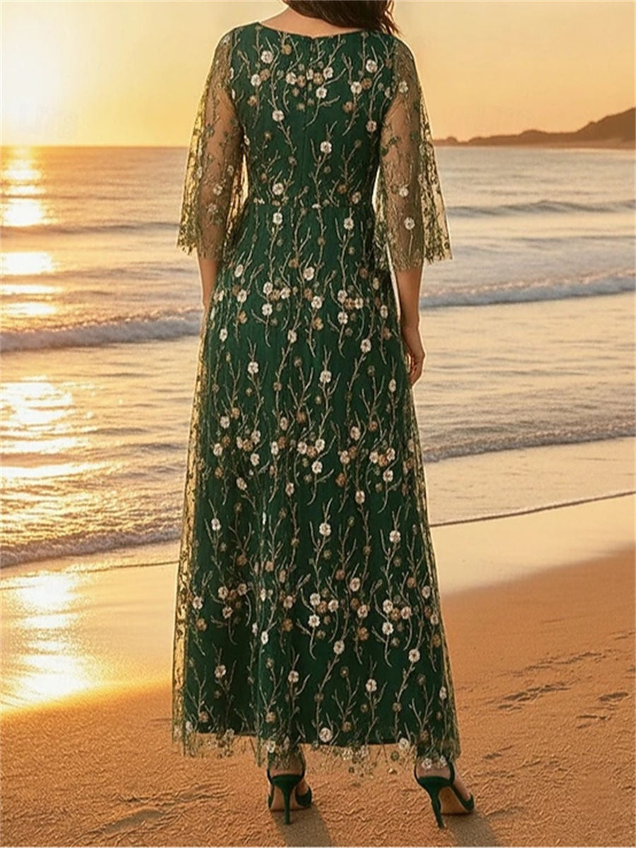 A-line/Princess V-neck 3/4 Sleeves Appliques Lace Ankle-Length Lace Corset Mother of the Bride Dress