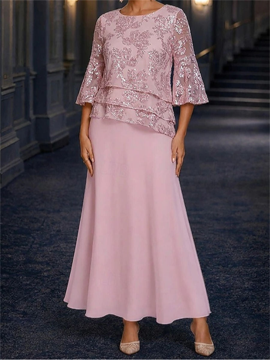 Sheath/Column Scoop 3/4 Sleeves Appliques Lace Ankle-Length Chiffon Corset Mother of the Bride Dress