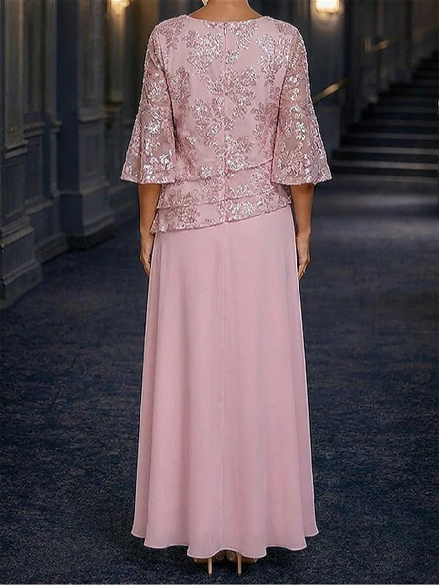 Sheath/Column Scoop 3/4 Sleeves Appliques Lace Ankle-Length Chiffon Corset Mother of the Bride Dress