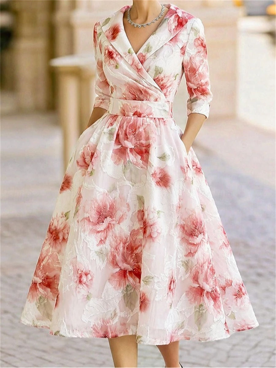 A-line/Princess V-neck 3/4 Sleeves Pleated Tea-Length Corset Mother of the Bride Dress