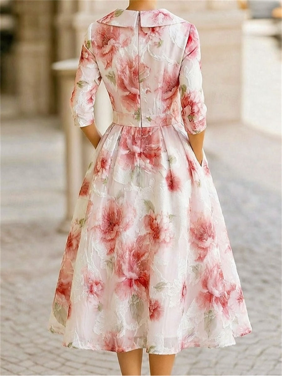 A-line/Princess V-neck 3/4 Sleeves Pleated Tea-Length Corset Mother of the Bride Dress