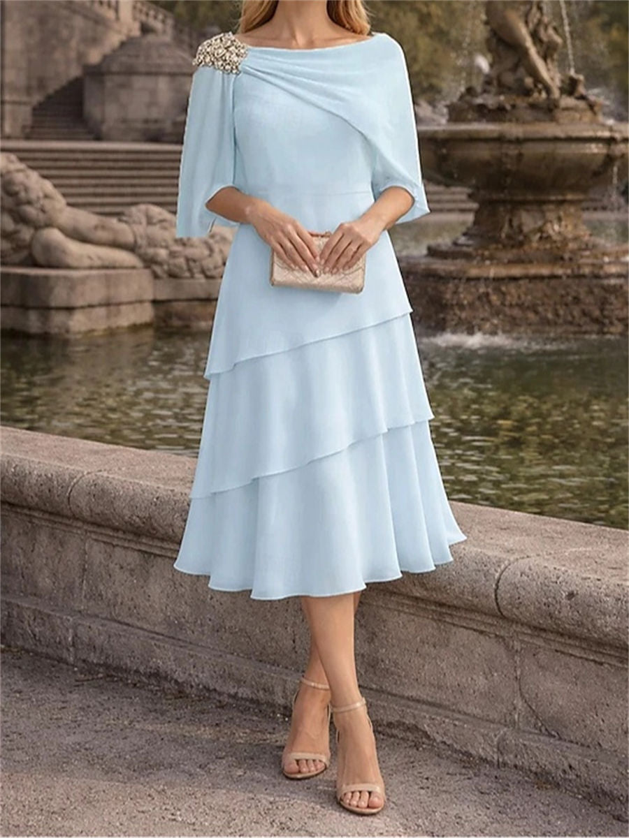 A-line/Princess Scoop 1/2 Sleeves Cascading Ruffles Tea-Length Chiffon Corset Mother of the Bride Dress