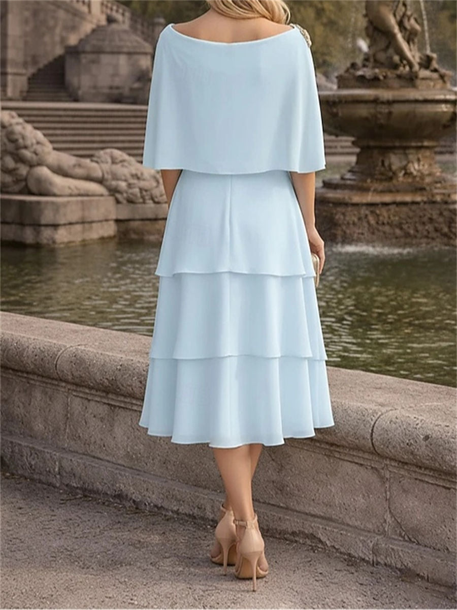 A-line/Princess Scoop 1/2 Sleeves Cascading Ruffles Tea-Length Chiffon Corset Mother of the Bride Dress