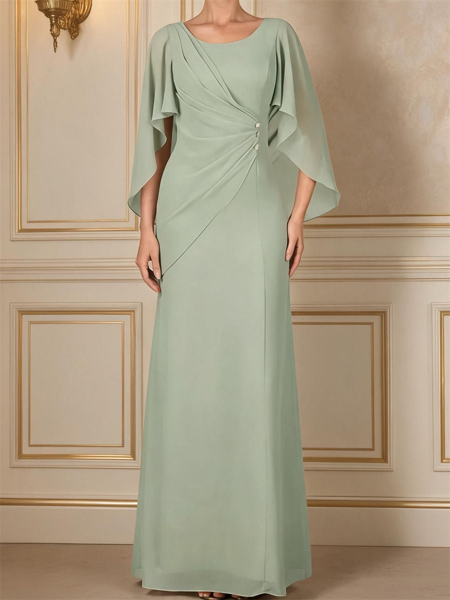 Sheath/Column Scoop 3/4 Sleeves Pleated Floor-Length Chiffon Corset Mother of the Bride Dress
