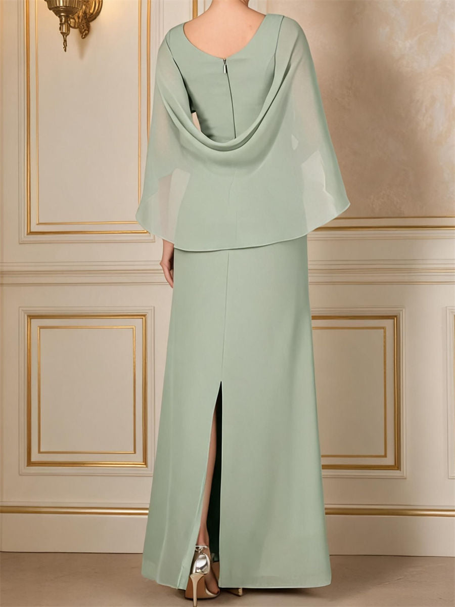 Sheath/Column Scoop 3/4 Sleeves Pleated Floor-Length Chiffon Corset Mother of the Bride Dress