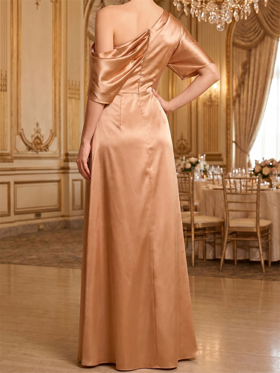 Sheath/Column One-Shoulder Short Sleeves Pleated Floor-Length Silk Like Satin Corset Mother of the Bride Dress