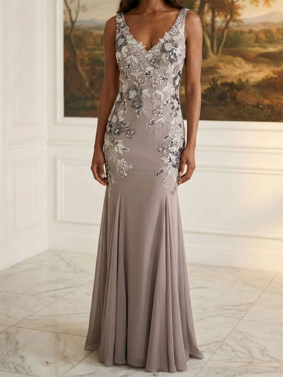 Sheath/Column V-neck Appliques Lace Floor-Length Chiffon Corset Mother of the Bride Dress
