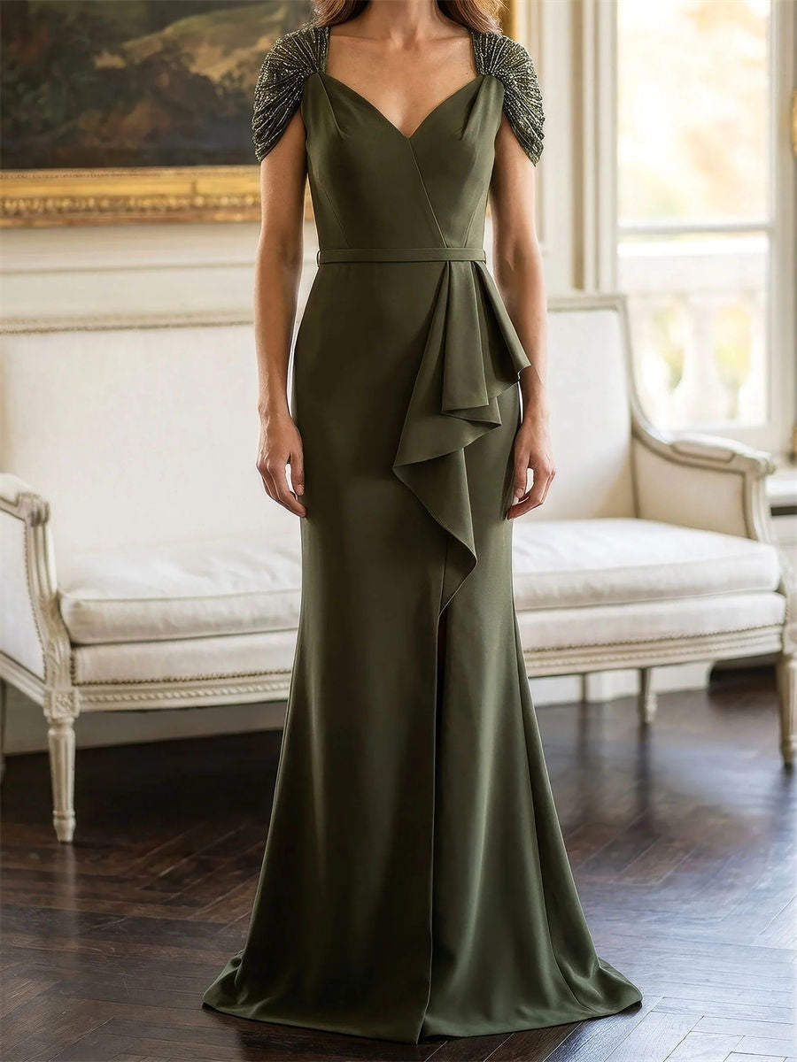 Sheath/Column V-neck Short Sleeves Ruffles Sweep Train Charmeuse Corset Mother of the Bride Dress