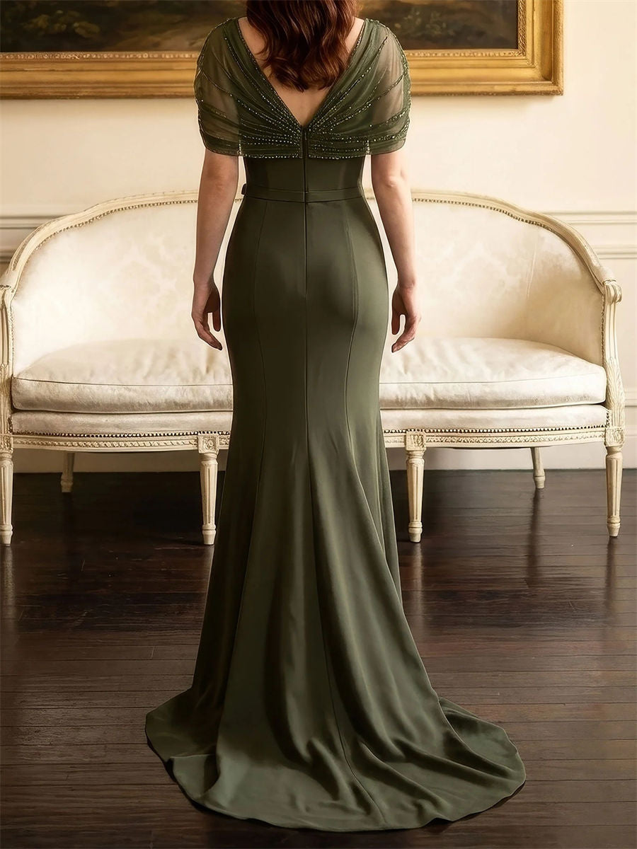Sheath/Column V-neck Short Sleeves Ruffles Sweep Train Charmeuse Corset Mother of the Bride Dress