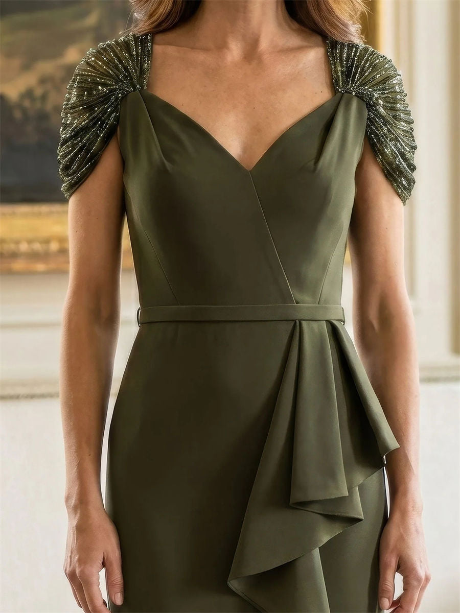 Sheath/Column V-neck Short Sleeves Ruffles Sweep Train Charmeuse Corset Mother of the Bride Dress