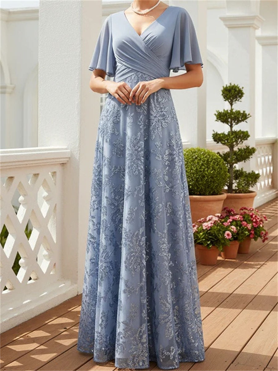 A-line/Princess V-neck Short Sleeves Pleated Floor-Length Chiffon Corset Mother of the Bride Dress
