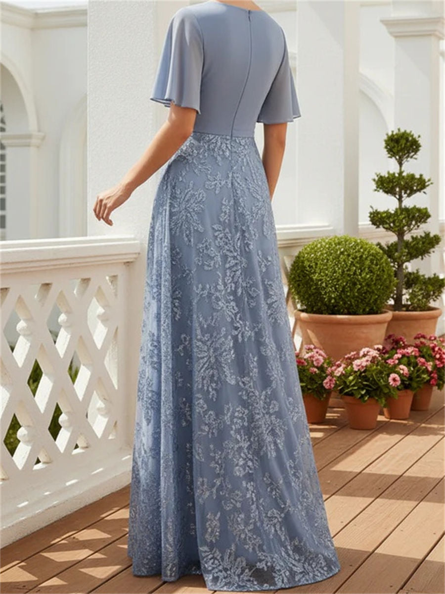 A-line/Princess V-neck Short Sleeves Pleated Floor-Length Chiffon Corset Mother of the Bride Dress