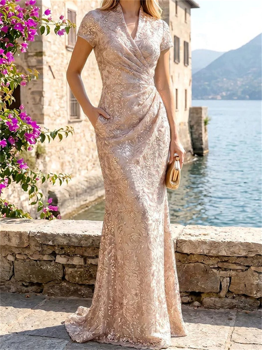 Sheath/Column V-neck Short Sleeves Pleated Floor-Length Lace Corset Mother of the Bride Dress