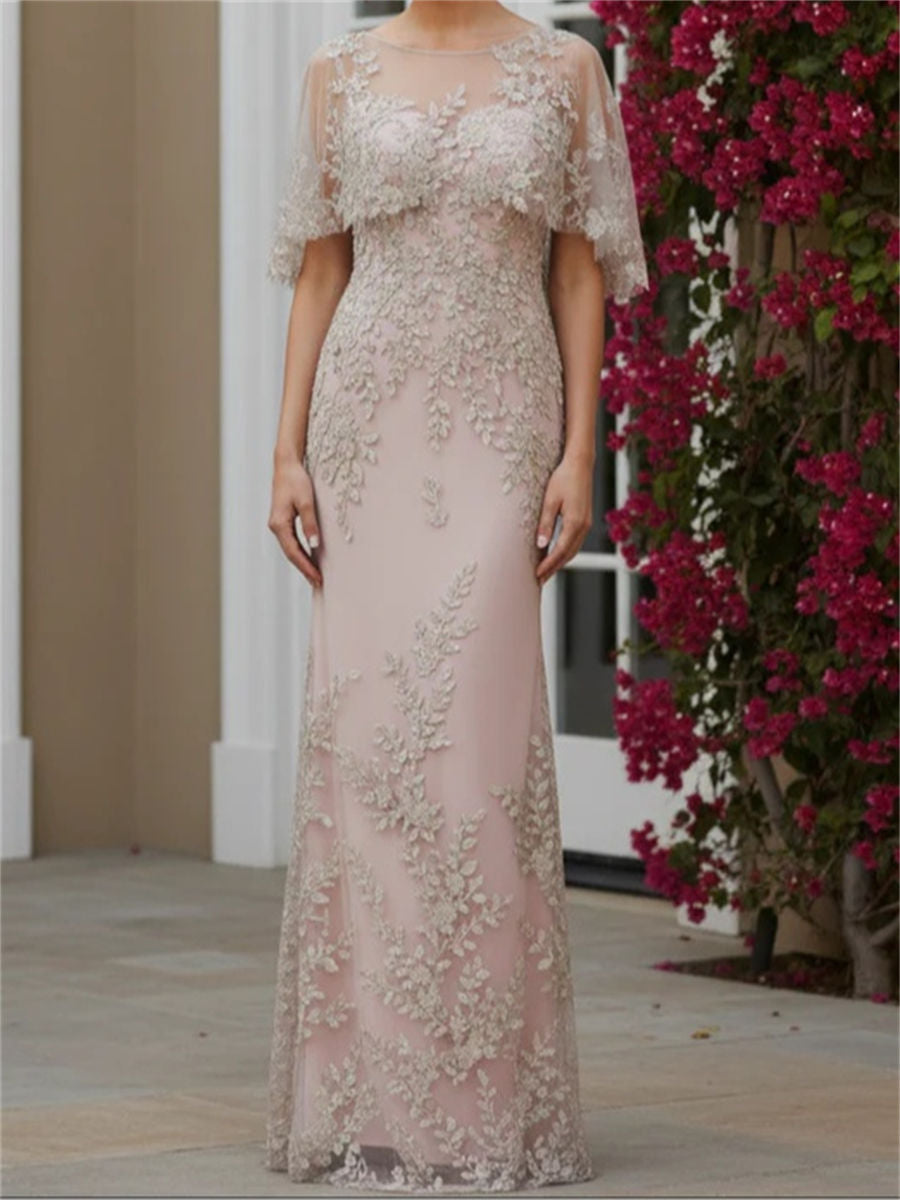 Sheath/Column Scoop Short Sleeves Appliques Lace Floor-Length Chiffon Corset Mother of the Bride Dress