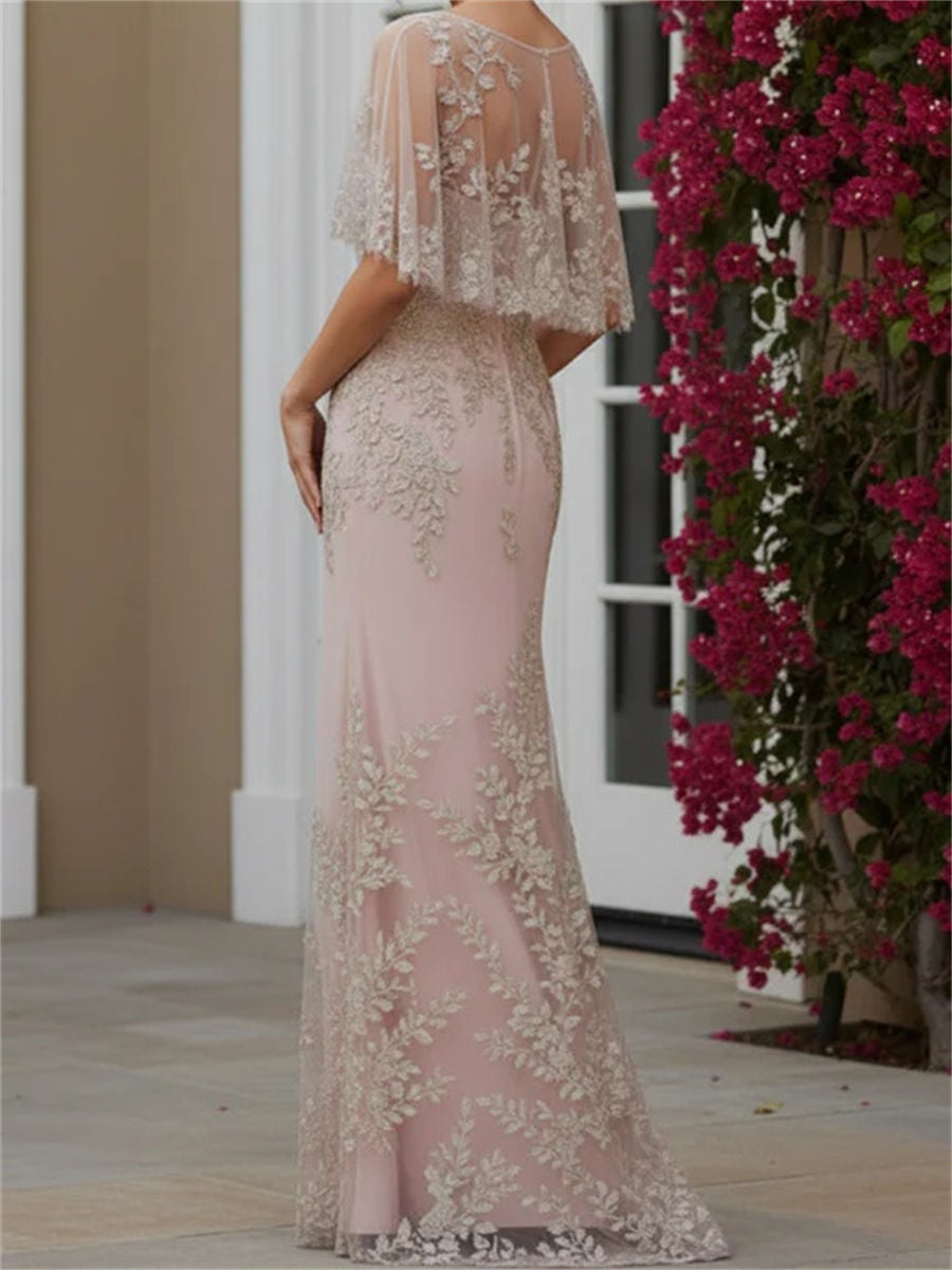 Sheath/Column Scoop Short Sleeves Appliques Lace Floor-Length Chiffon Corset Mother of the Bride Dress
