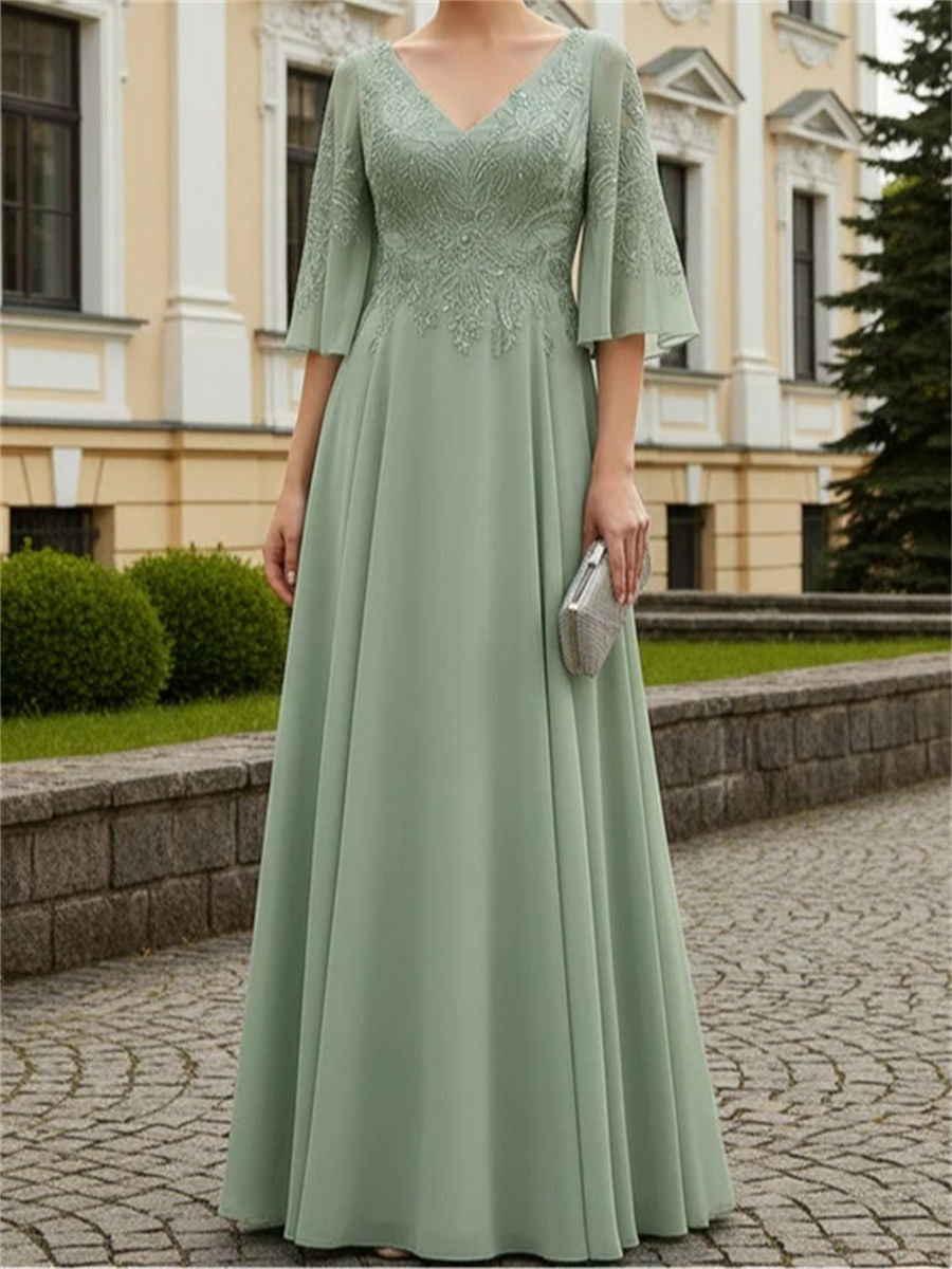A-line/Princess V-neck 1/2 Sleeves Appliques Lace Floor-Length Chiffon Corset Mother of the Bride Dress