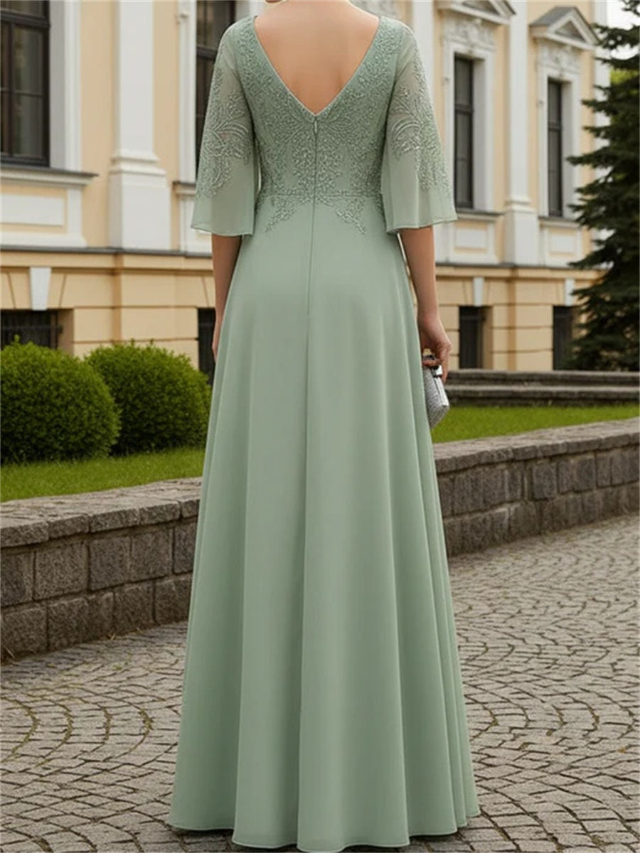 A-line/Princess V-neck 1/2 Sleeves Appliques Lace Floor-Length Chiffon Corset Mother of the Bride Dress
