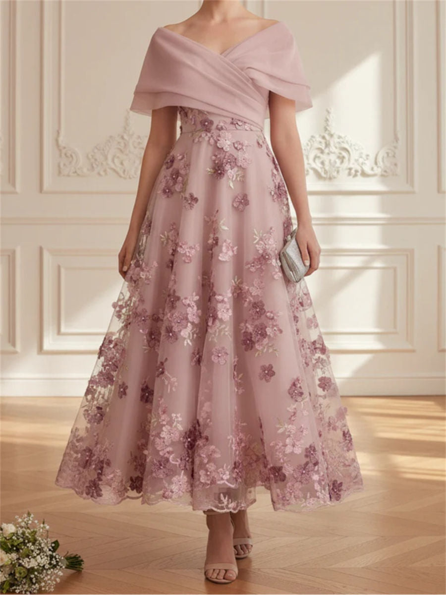 A-line/Princess V-neck Short Sleeves Appliques Lace Ankle-Length Organza Corset Mother of the Bride Dress