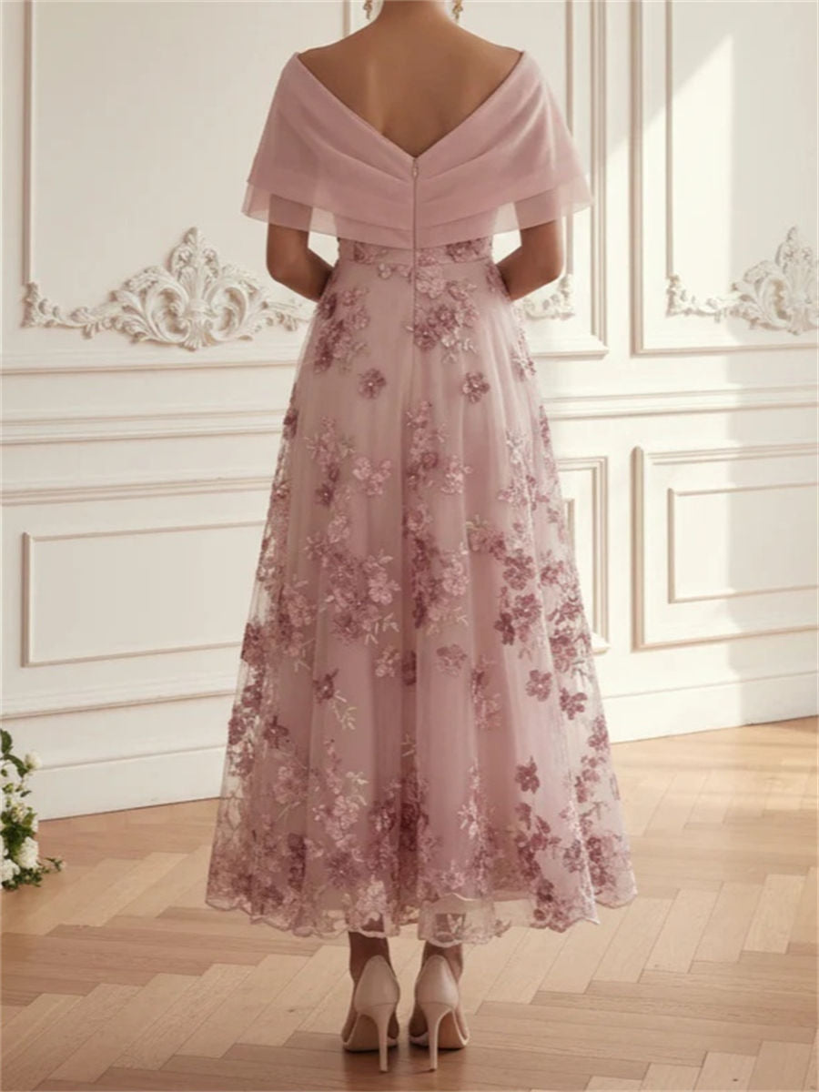 A-line/Princess V-neck Short Sleeves Appliques Lace Ankle-Length Organza Corset Mother of the Bride Dress