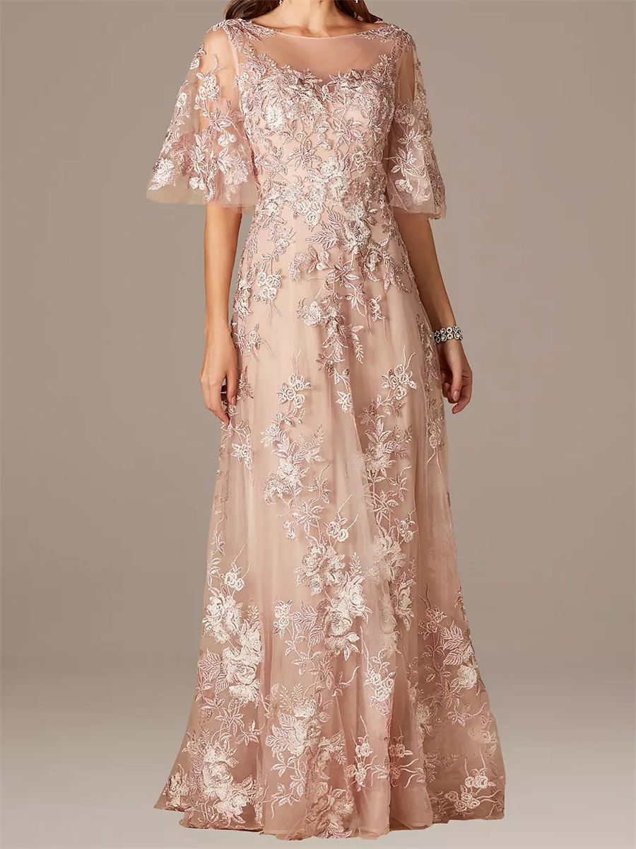 A-line/Princess Scoop 1/2 Sleeves Appliques Lace Floor-Length Tulle Corset Mother of the Bride Dress