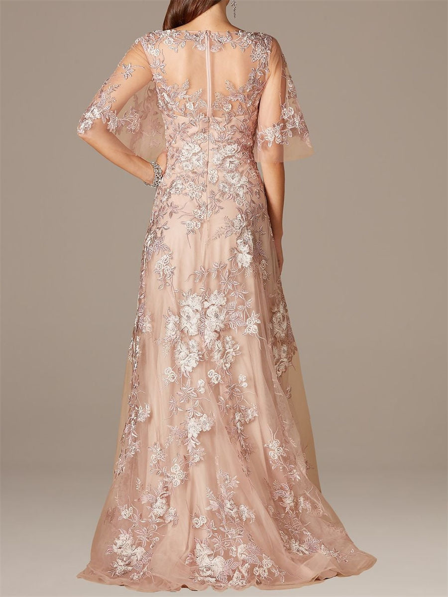 A-line/Princess Scoop 1/2 Sleeves Appliques Lace Floor-Length Tulle Corset Mother of the Bride Dress