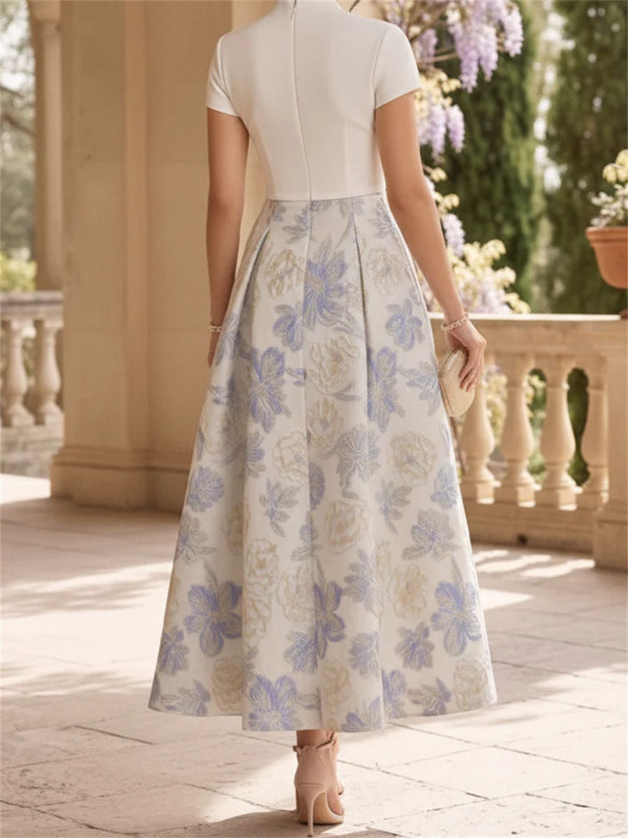 A-line/Princess High Neck Short Sleeves Pleated Ankle-Length Stretch Crepe Mother of the Bride Dress
