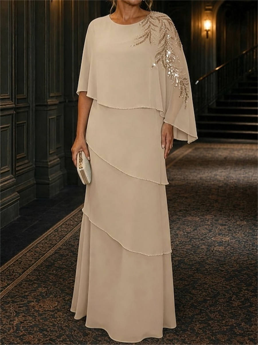 Sheath Scoop 3/4 Sleeves Sequin Floor-Length Chiffon Corset Mother of the Bride Dress