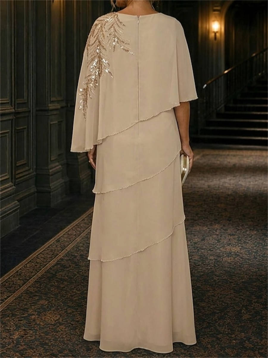 Sheath Scoop 3/4 Sleeves Sequin Floor-Length Chiffon Corset Mother of the Bride Dress