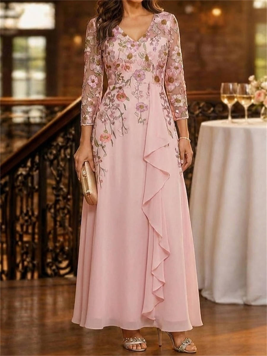 A-line V-neck 3/4 Sleeves Appliques Lace Floor-Length Chiffon Corset Mother of the Bride Dress