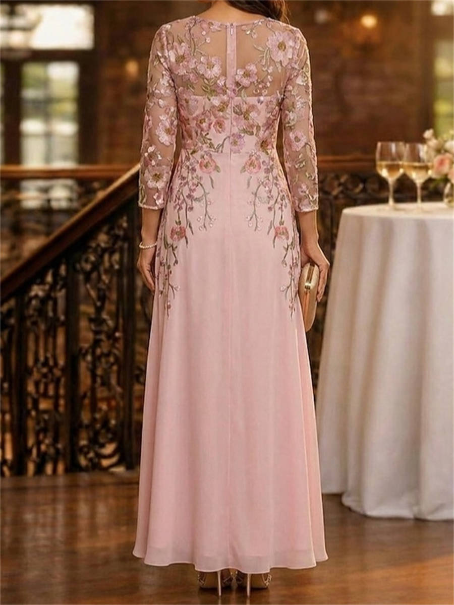 A-line V-neck 3/4 Sleeves Appliques Lace Floor-Length Chiffon Corset Mother of the Bride Dress
