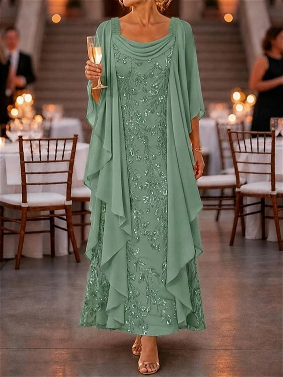 A-line Scoop 3/4 Sleeves Appliques Lace Floor-Length Chiffon Corset Mother of the Bride Dress