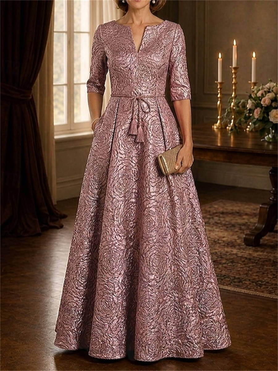 A-line Scoop 1/2 Sleeves Sash/Ribbon/Belt Floor-Length Corset Mother of the Bride Dress