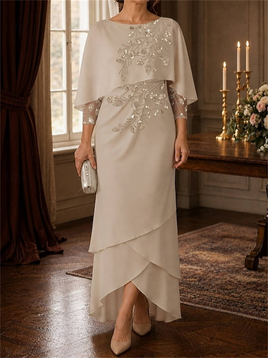Sheath Scoop 3/4 Sleeves Appliques Lace Asymmetrical Chiffon Corset Mother of the Bride Dress