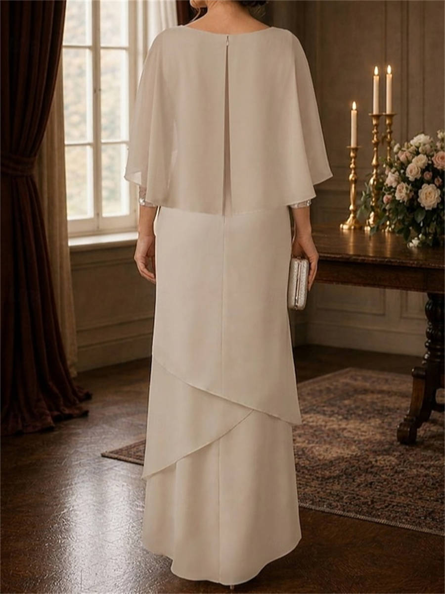 Sheath Scoop 3/4 Sleeves Appliques Lace Asymmetrical Chiffon Corset Mother of the Bride Dress