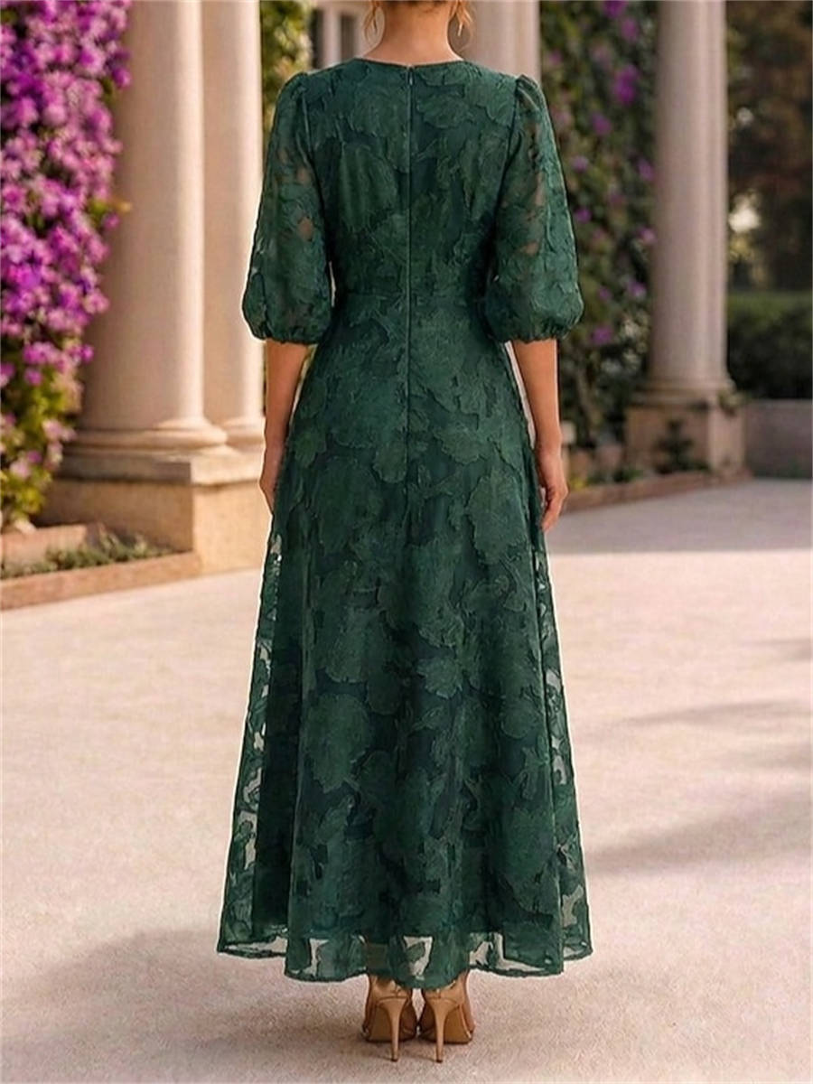 A-line Scoop 1/2 Sleeves Pleated Ankle-Length Lace Corset Mother of the Bride Dress