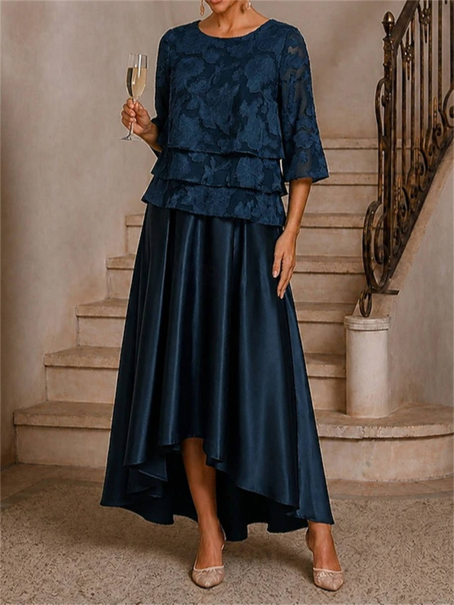 A-line Scoop 1/2 Sleeves Appliques Lace Asymmetrical Silk Like Satin Corset Mother of the Bride Dress
