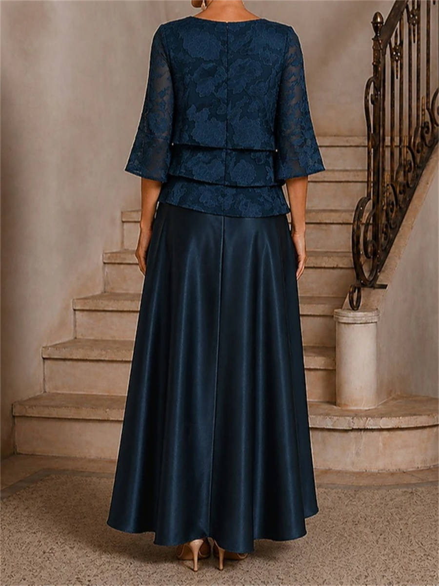 A-line Scoop 1/2 Sleeves Appliques Lace Asymmetrical Silk Like Satin Corset Mother of the Bride Dress
