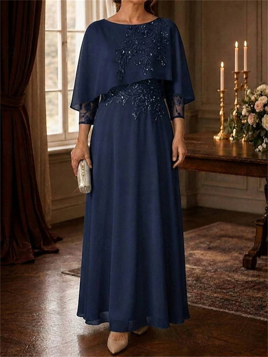 A-line Scoop 3/4 Sleeves Appliques Lace Floor-Length Chiffon Corset Mother of the Bride Dress