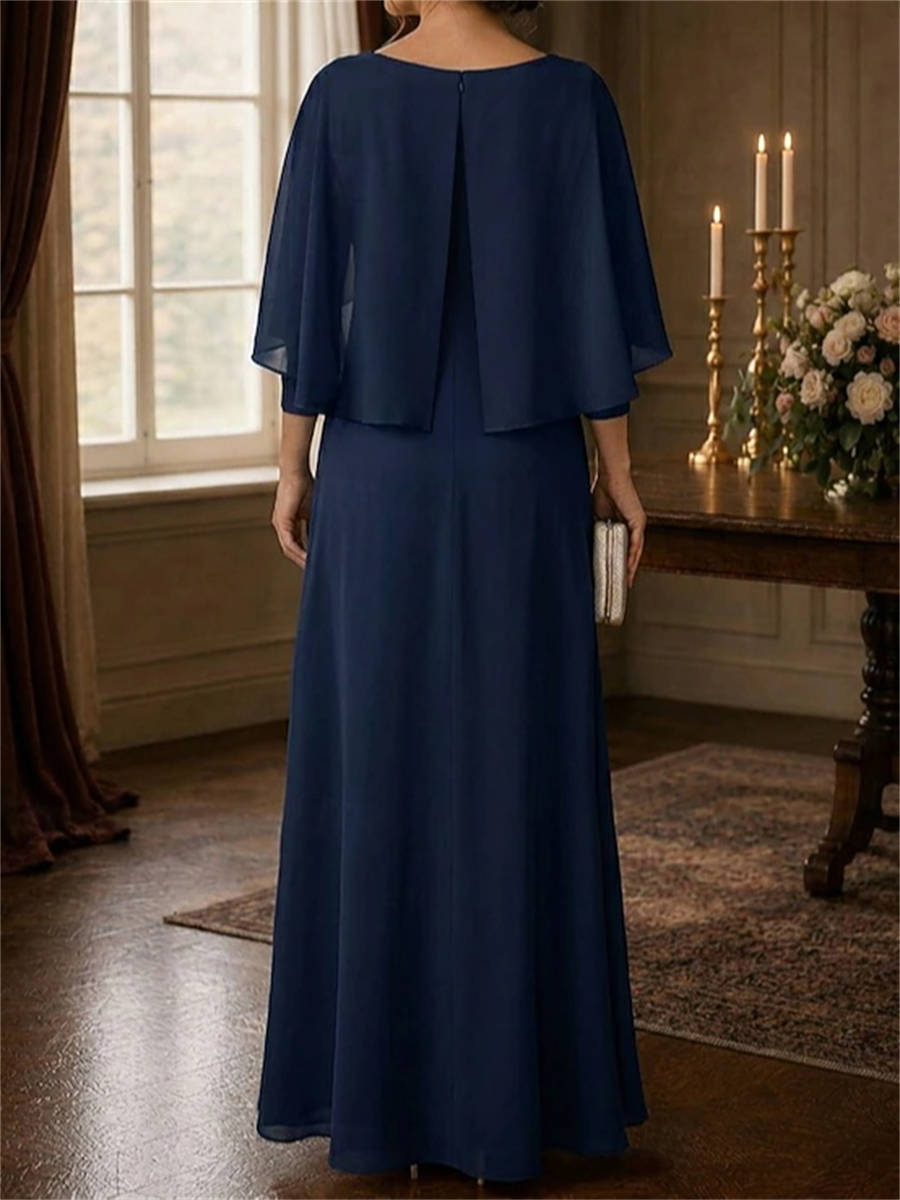 A-line Scoop 3/4 Sleeves Appliques Lace Floor-Length Chiffon Corset Mother of the Bride Dress