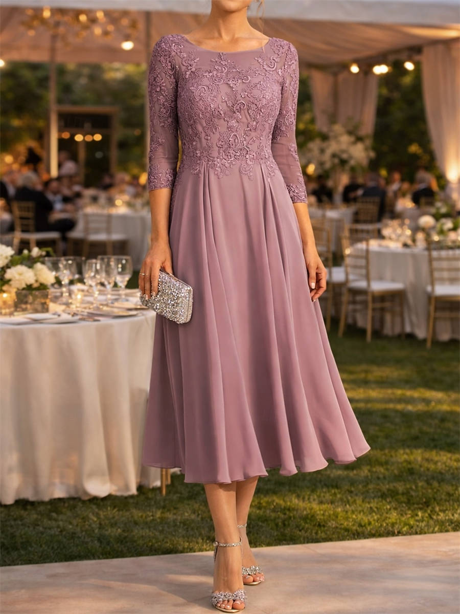A-line Scoop 3/4 Sleeves Appliques Lace Tea-Length Chiffon Corset Mother of the Bride Dress