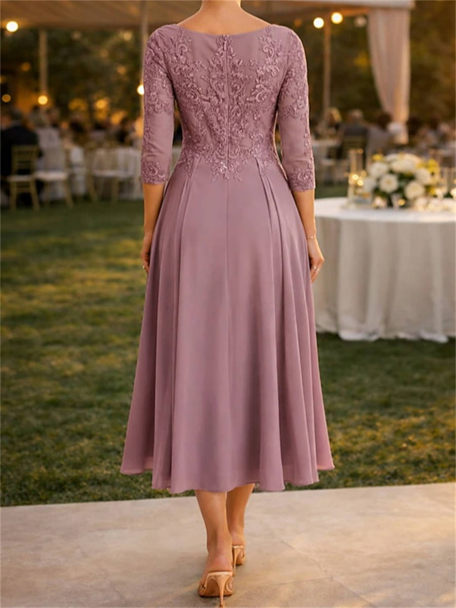 A-line Scoop 3/4 Sleeves Appliques Lace Tea-Length Chiffon Corset Mother of the Bride Dress