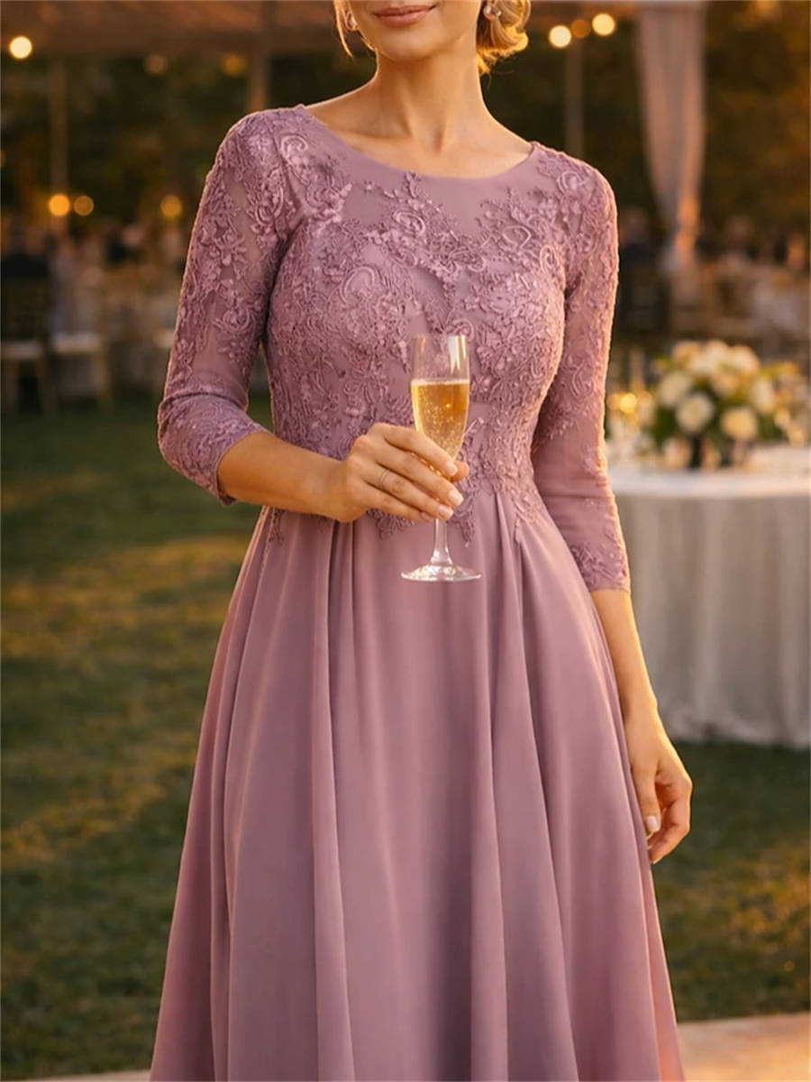 A-line Scoop 3/4 Sleeves Appliques Lace Tea-Length Chiffon Corset Mother of the Bride Dress